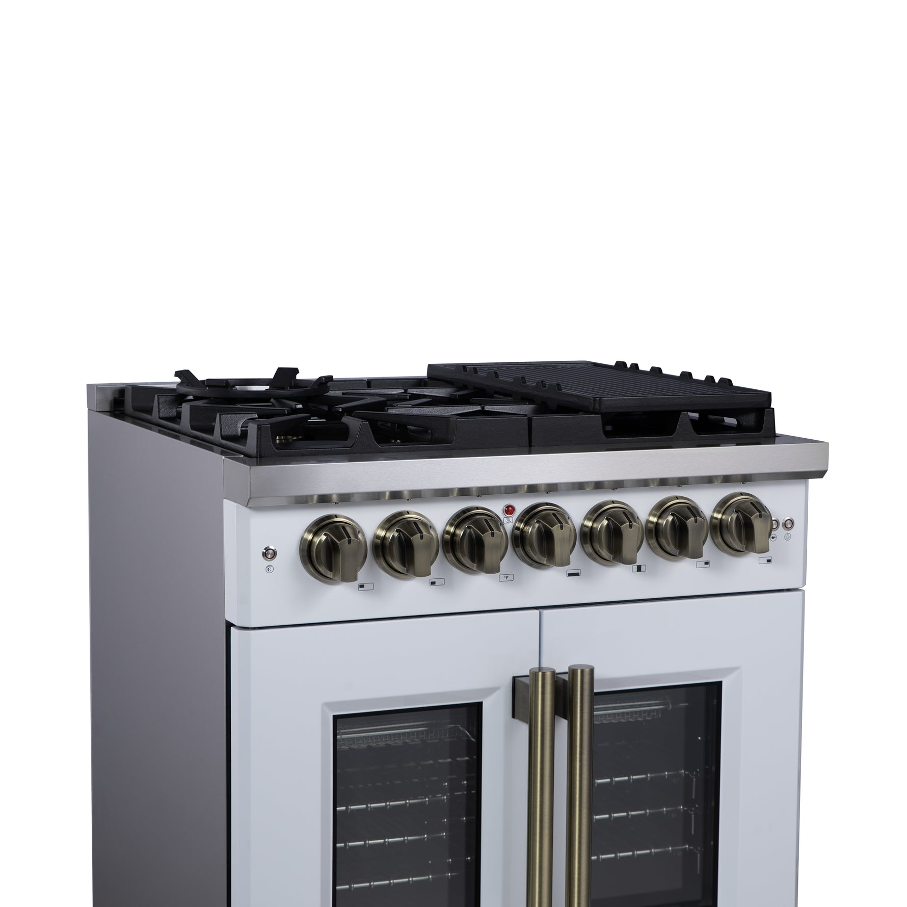 Forno Capriasca 30-Inch Freestanding French Door Dual Fuel Range in White with Antique Brass Accessories, 5 Burners, True Convection Oven - BonPrix Électroménagers