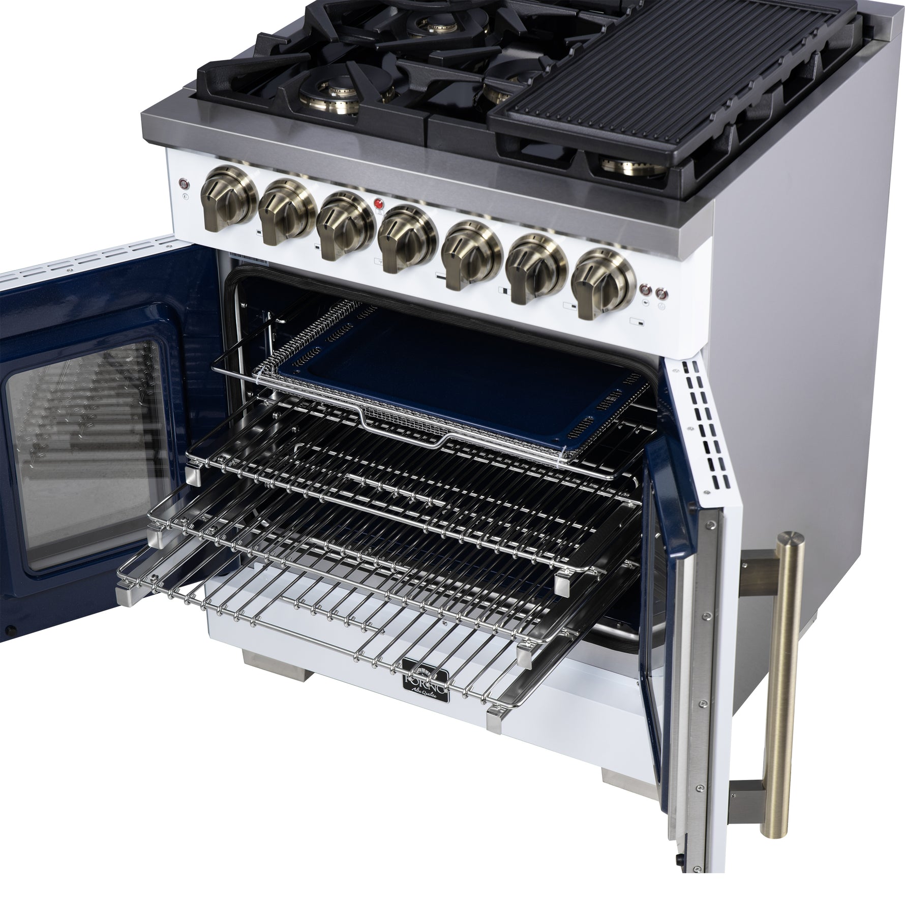 Forno Capriasca 30-Inch Freestanding French Door Dual Fuel Range in White with Antique Brass Accessories, 5 Burners, True Convection Oven - BonPrix Électroménagers