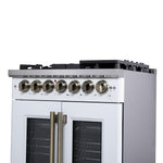 Forno Capriasca 30-Inch Freestanding French Door Dual Fuel Range in White with Antique Brass Accessories, 5 Burners, True Convection Oven - BonPrix Électroménagers