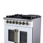 Forno Capriasca 30-Inch Freestanding French Door Dual Fuel Range in White with Antique Brass Accessories, 5 Burners, True Convection Oven - BonPrix Électroménagers