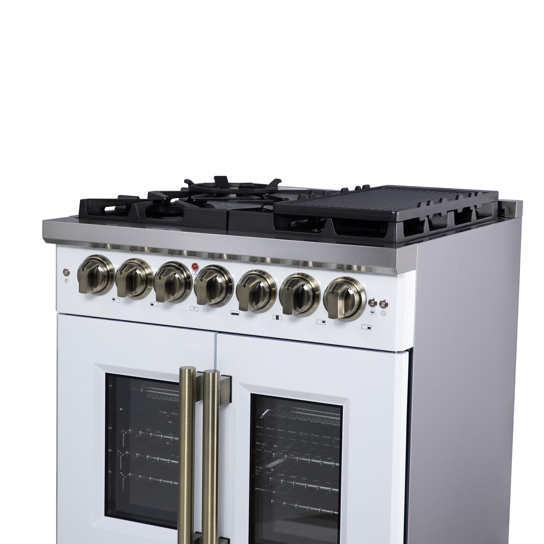 Forno Capriasca 30-Inch Freestanding French Door Dual Fuel Range in White with Antique Brass Accessories, 5 Burners, True Convection Oven - BonPrix Électroménagers