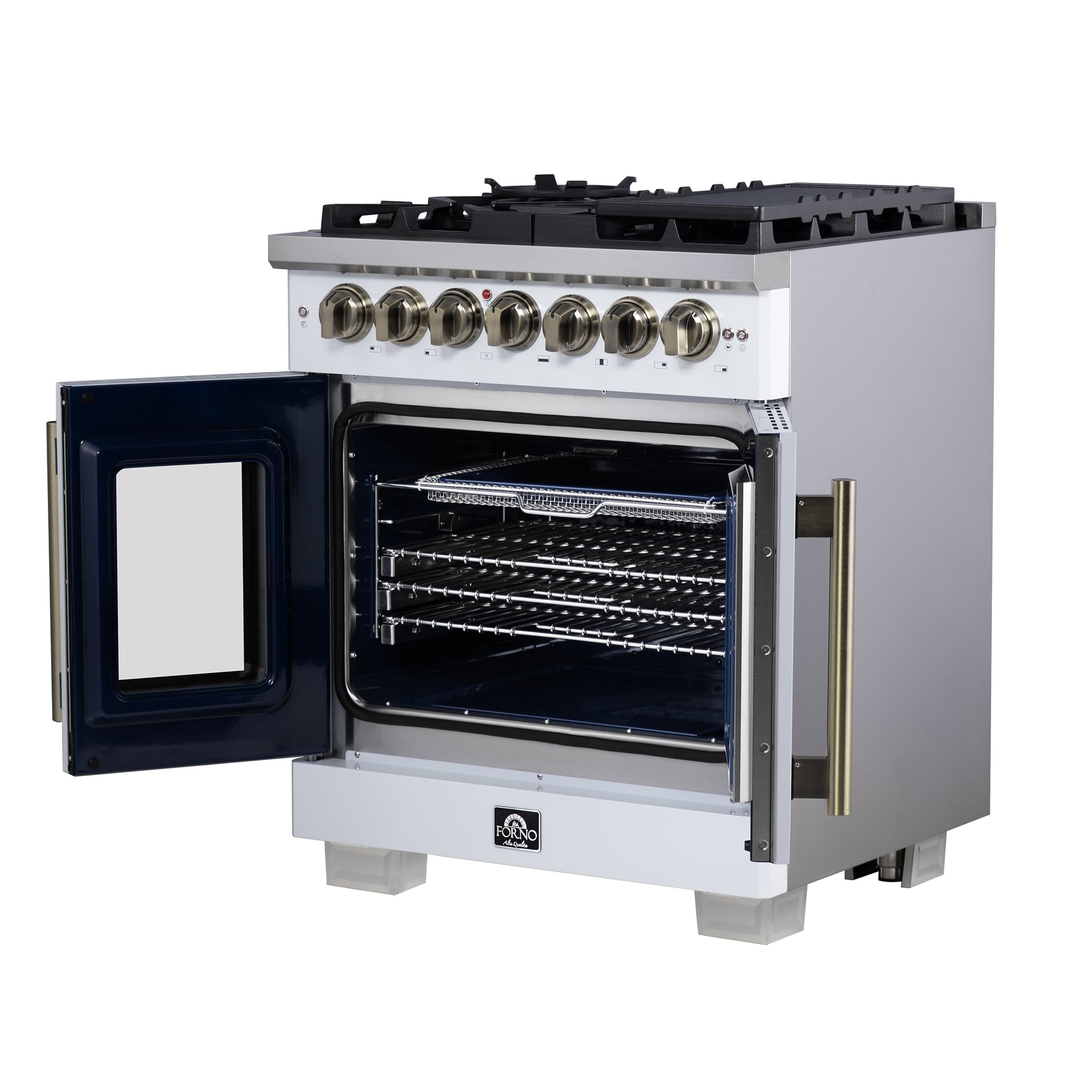 Forno Capriasca 30-Inch Freestanding French Door Dual Fuel Range in White with Antique Brass Accessories, 5 Burners, True Convection Oven - BonPrix Électroménagers