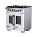 Forno Capriasca 30-Inch Freestanding French Door Dual Fuel Range in White with Antique Brass Accessories, 5 Burners, True Convection Oven - BonPrix Électroménagers