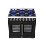 Forno Capriasca 36 Inch Freestanding French Door Dual Fuel Range in Black with Antique Brass Accessories, 6 Burners, True Convection Oven - BonPrix Électroménagers