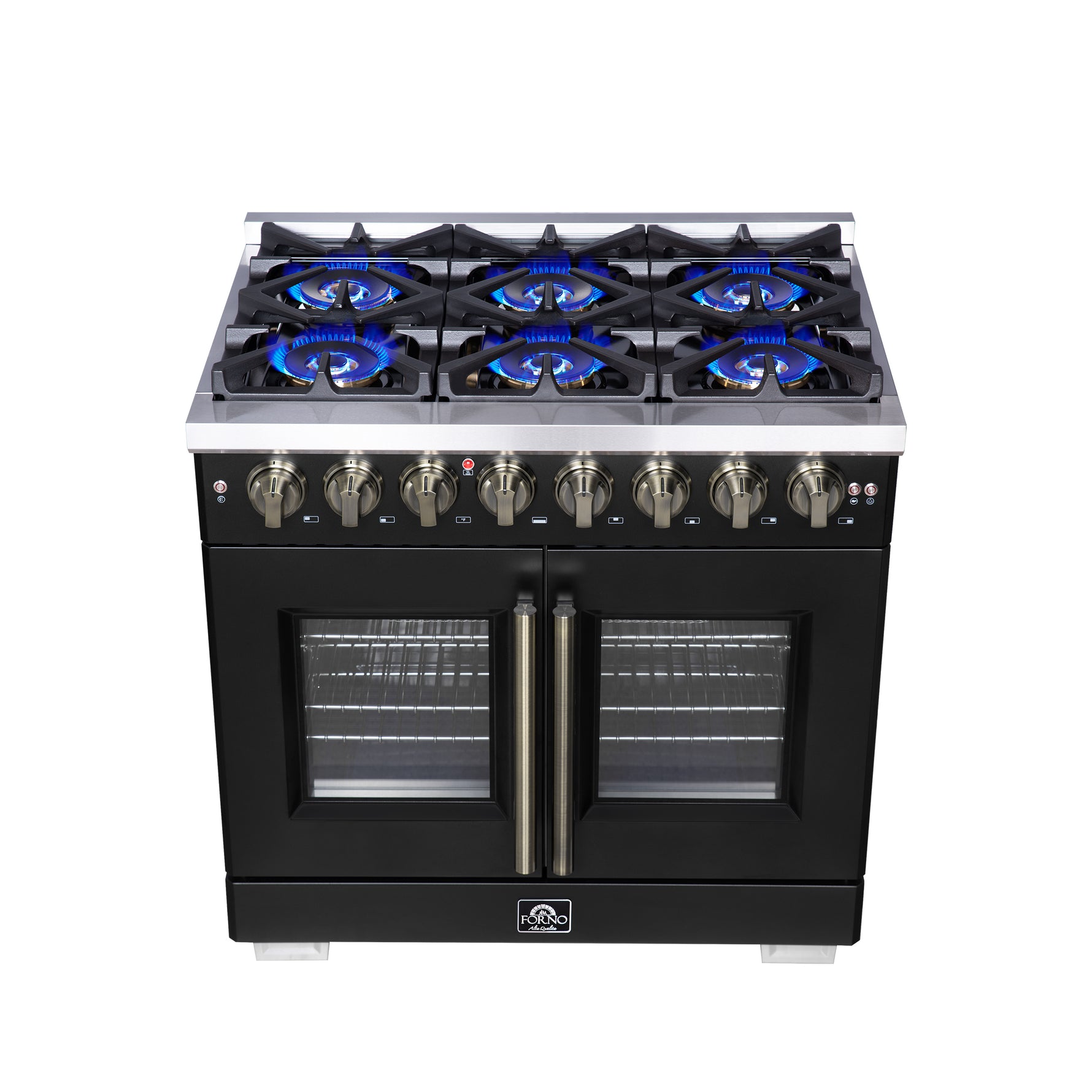 Forno Capriasca 36 Inch Freestanding French Door Dual Fuel Range in Black with Antique Brass Accessories, 6 Burners, True Convection Oven - BonPrix Électroménagers