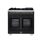 Forno Capriasca 36 Inch Freestanding French Door Dual Fuel Range in Black with Antique Brass Accessories, 6 Burners, True Convection Oven - BonPrix Électroménagers
