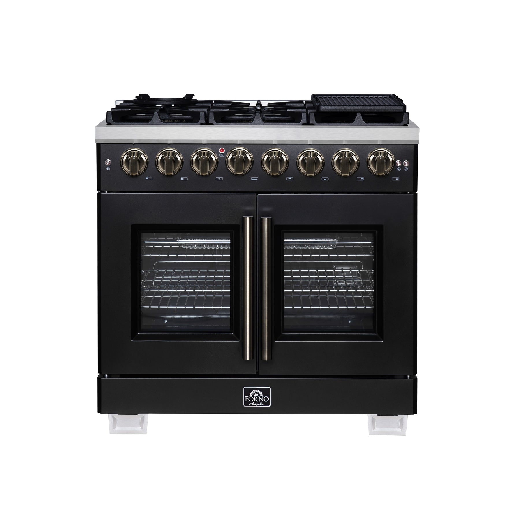 Forno Capriasca 36 Inch Freestanding French Door Dual Fuel Range in Black with Antique Brass Accessories, 6 Burners, True Convection Oven - BonPrix Électroménagers