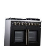 Forno Capriasca 36 Inch Freestanding French Door Dual Fuel Range in Black with Antique Brass Accessories, 6 Burners, True Convection Oven - BonPrix Électroménagers