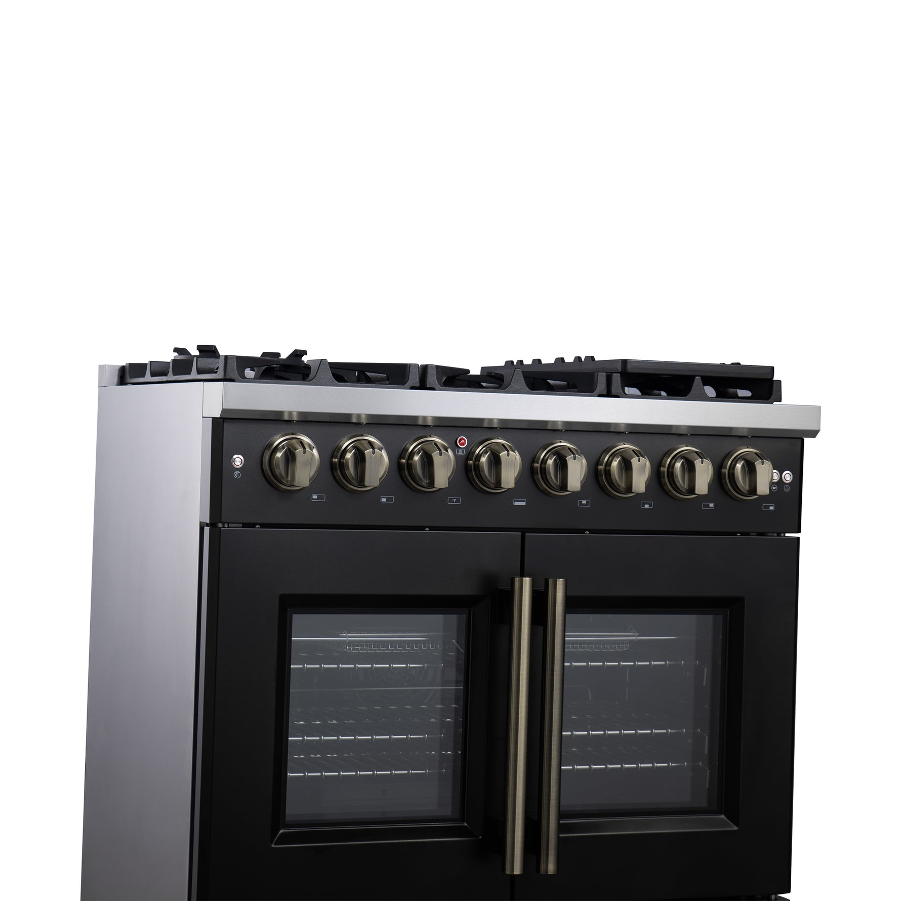 Forno Capriasca 36 Inch Freestanding French Door Dual Fuel Range in Black with Antique Brass Accessories, 6 Burners, True Convection Oven - BonPrix Électroménagers