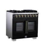 Forno Capriasca 36 Inch Freestanding French Door Dual Fuel Range in Black with Antique Brass Accessories, 6 Burners, True Convection Oven - BonPrix Électroménagers
