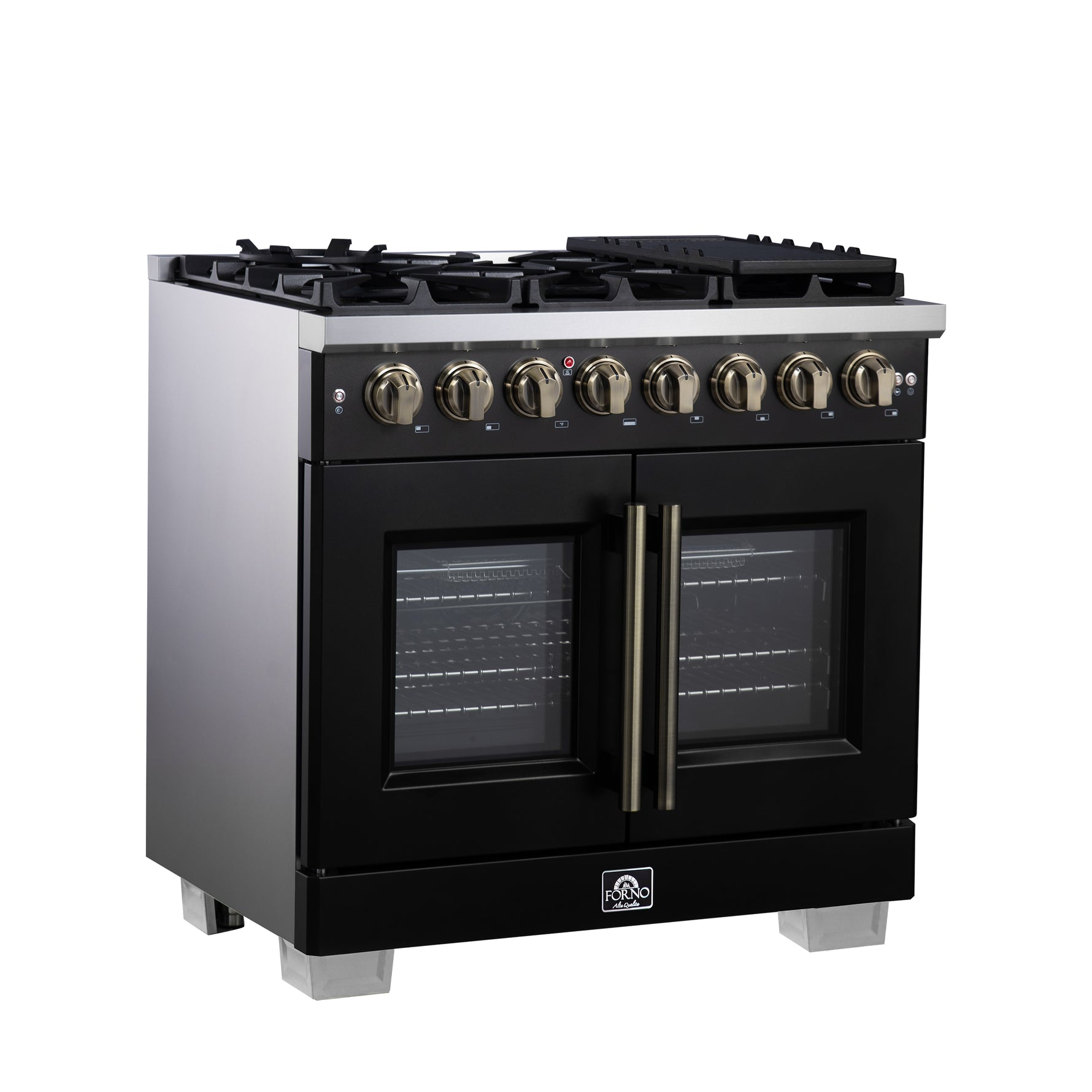 Forno Capriasca 36 Inch Freestanding French Door Dual Fuel Range in Black with Antique Brass Accessories, 6 Burners, True Convection Oven - BonPrix Électroménagers