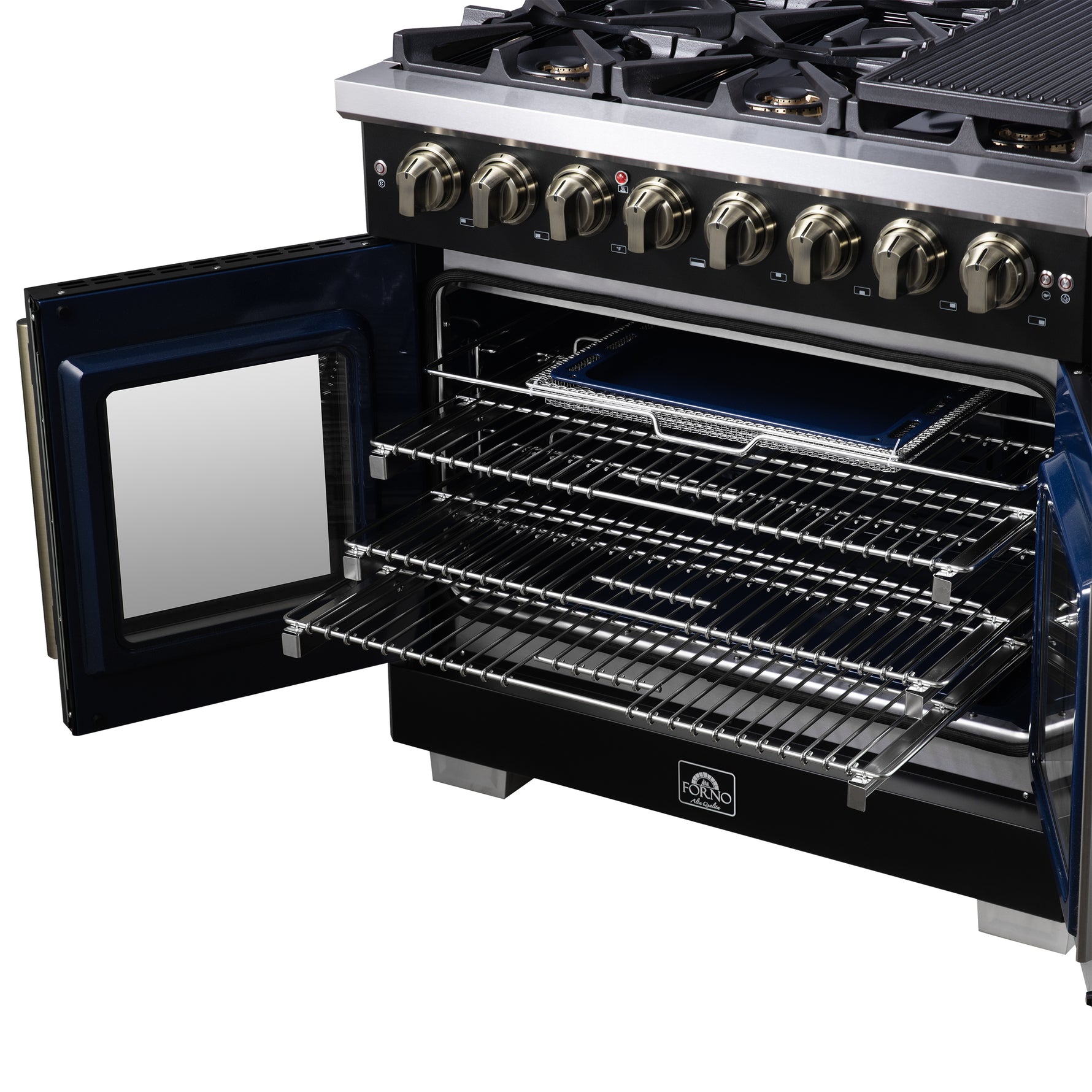 Forno Capriasca 36 Inch Freestanding French Door Dual Fuel Range in Black with Antique Brass Accessories, 6 Burners, True Convection Oven - BonPrix Électroménagers