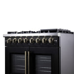 Forno Capriasca 36 Inch Freestanding French Door Dual Fuel Range in Black with Antique Brass Accessories, 6 Burners, True Convection Oven - BonPrix Électroménagers
