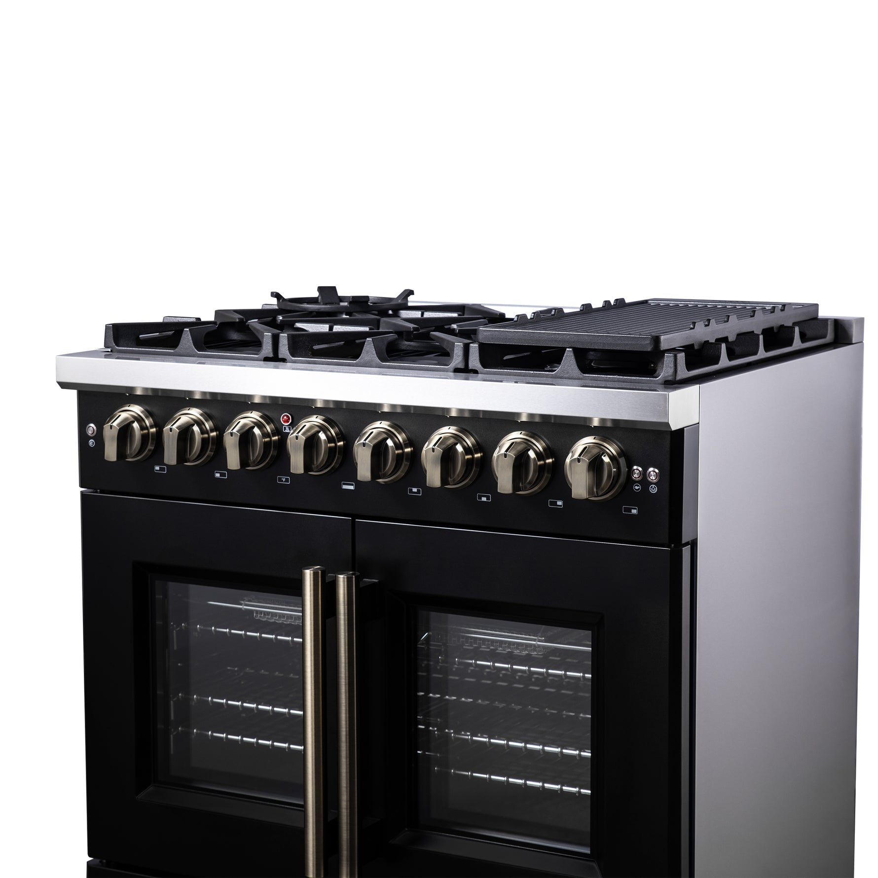 Forno Capriasca 36 Inch Freestanding French Door Dual Fuel Range in Black with Antique Brass Accessories, 6 Burners, True Convection Oven - BonPrix Électroménagers