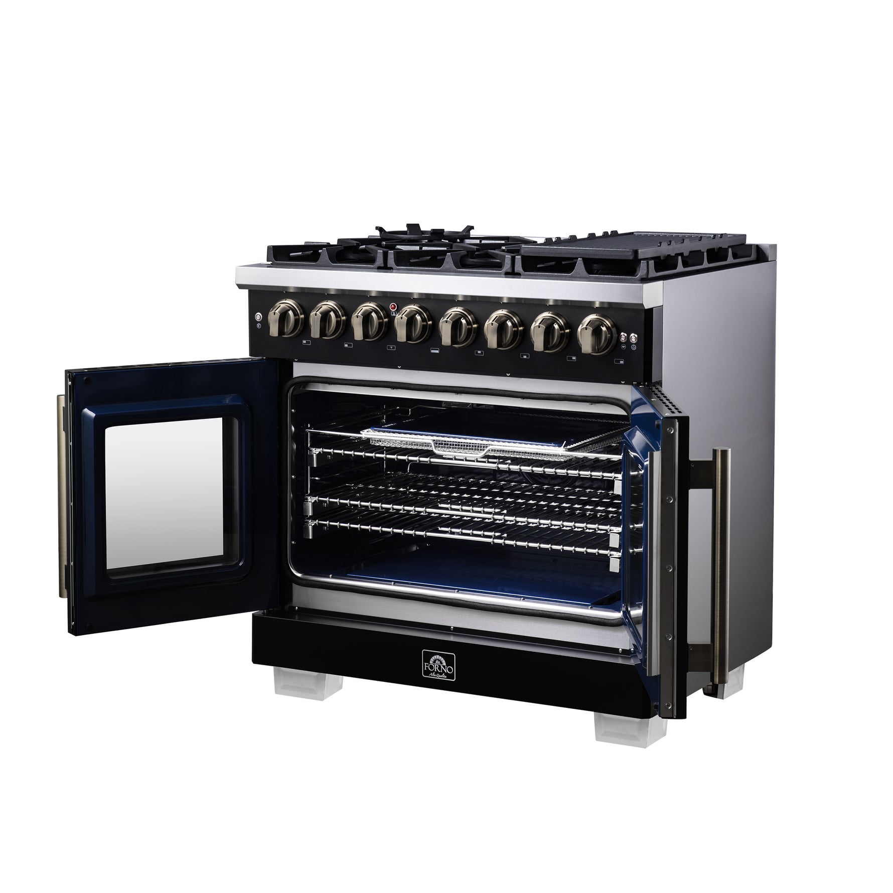 Forno Capriasca 36 Inch Freestanding French Door Dual Fuel Range in Black with Antique Brass Accessories, 6 Burners, True Convection Oven - BonPrix Électroménagers