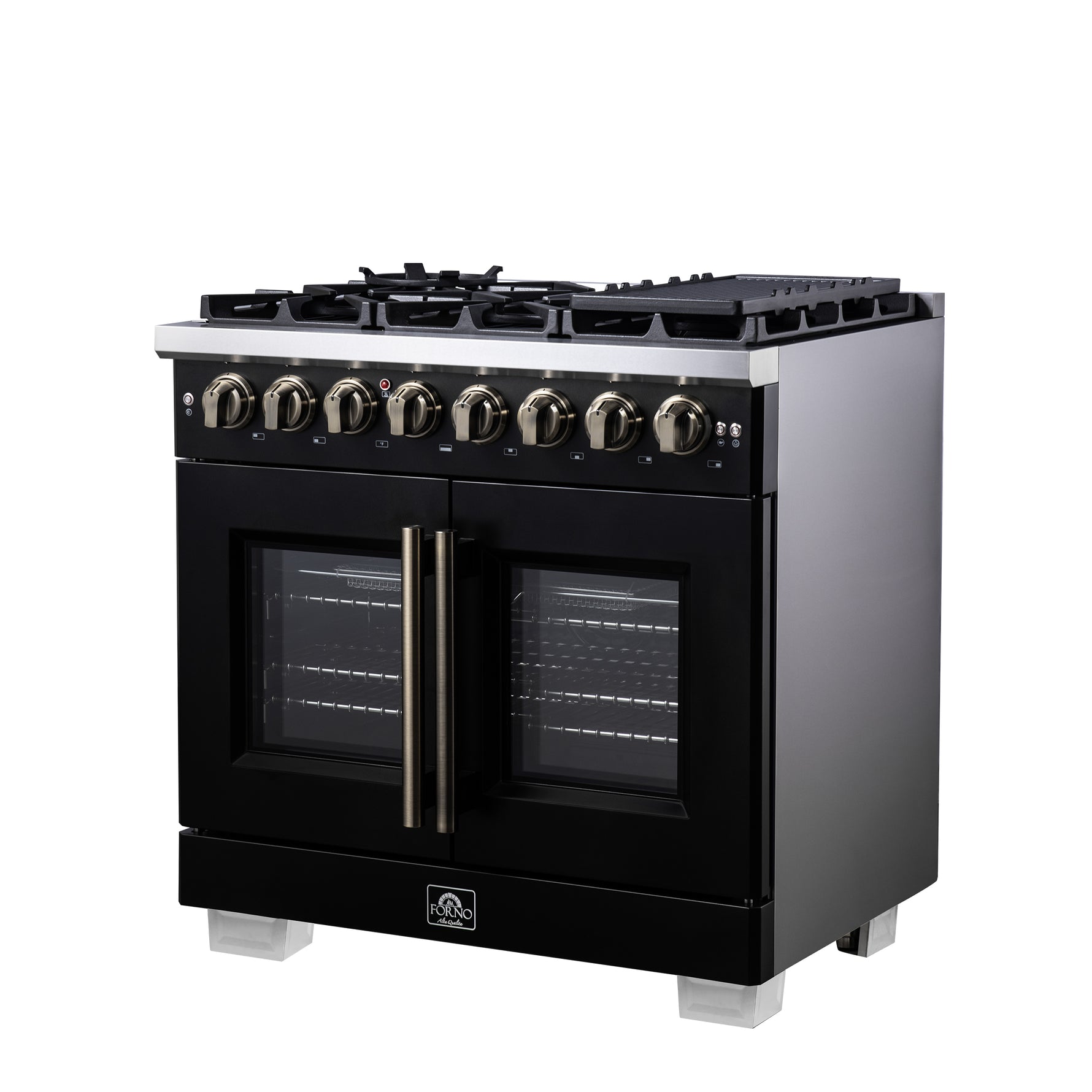 Forno Capriasca 36 Inch Freestanding French Door Dual Fuel Range in Black with Antique Brass Accessories, 6 Burners, True Convection Oven - BonPrix Électroménagers