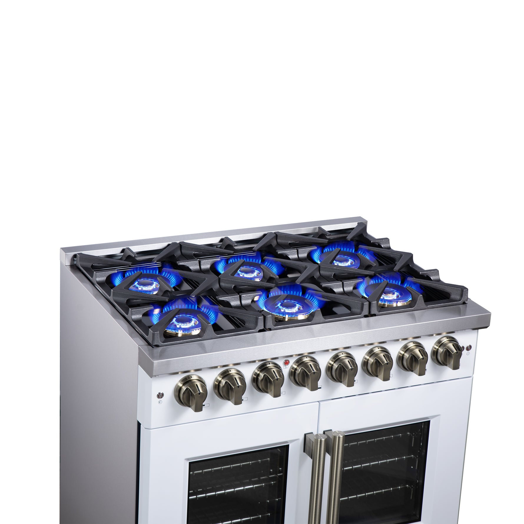 Forno Capriasca 36 Inch Freestanding French Door Dual Fuel Range in White with Antique Brass Accessories, 6 Burners, True Convection Oven - BonPrix Électroménagers