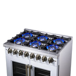 Forno Capriasca 36 Inch Freestanding French Door Dual Fuel Range in White with Antique Brass Accessories, 6 Burners, True Convection Oven - BonPrix Électroménagers