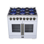 Forno Capriasca 36 Inch Freestanding French Door Dual Fuel Range in White with Antique Brass Accessories, 6 Burners, True Convection Oven - BonPrix Électroménagers