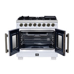 Forno Capriasca 36 Inch Freestanding French Door Dual Fuel Range in White with Antique Brass Accessories, 6 Burners, True Convection Oven - BonPrix Électroménagers