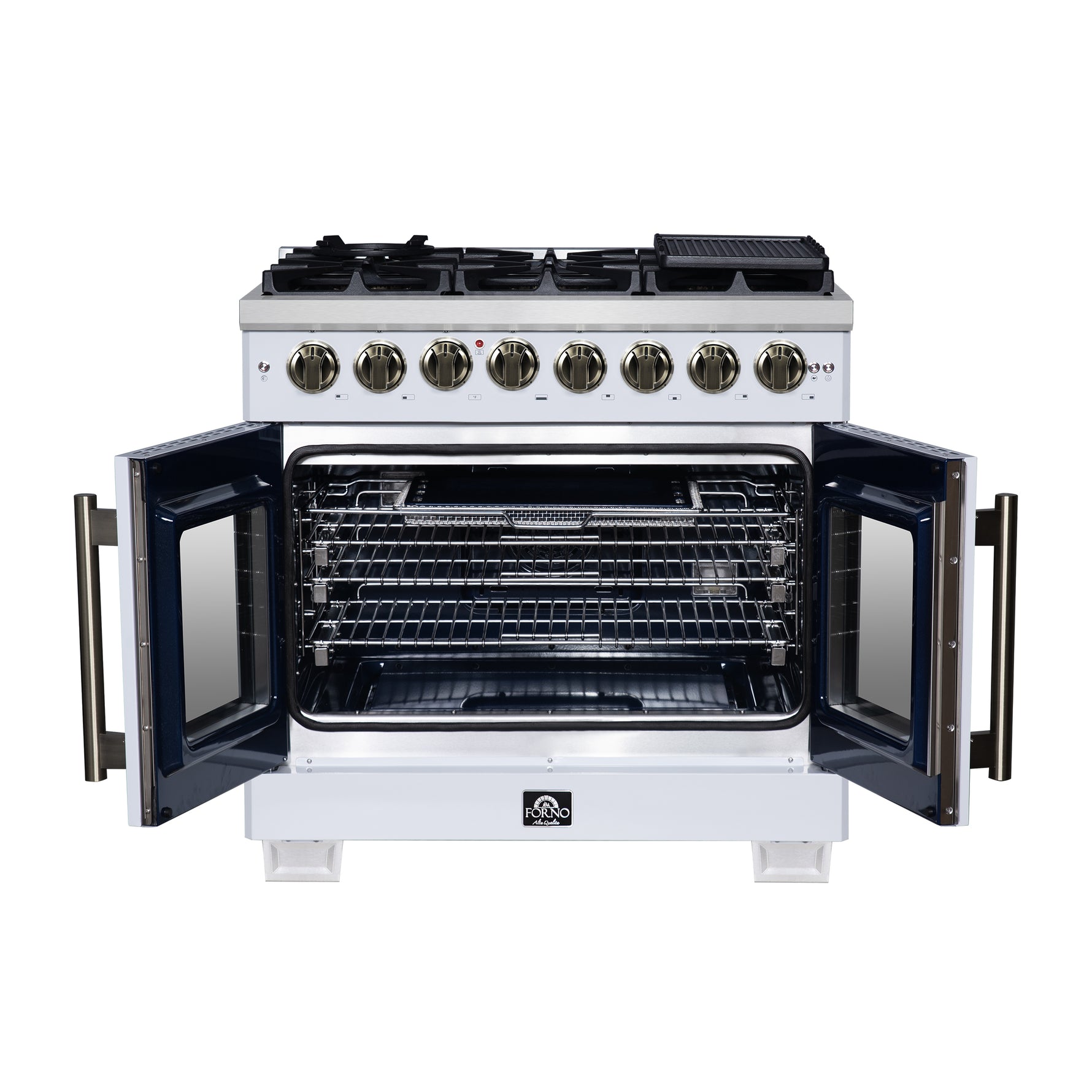 Forno Capriasca 36 Inch Freestanding French Door Dual Fuel Range in White with Antique Brass Accessories, 6 Burners, True Convection Oven - BonPrix Électroménagers