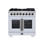 Forno Capriasca 36 Inch Freestanding French Door Dual Fuel Range in White with Antique Brass Accessories, 6 Burners, True Convection Oven - BonPrix Électroménagers
