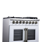 Forno Capriasca 36 Inch Freestanding French Door Dual Fuel Range in White with Antique Brass Accessories, 6 Burners, True Convection Oven - BonPrix Électroménagers