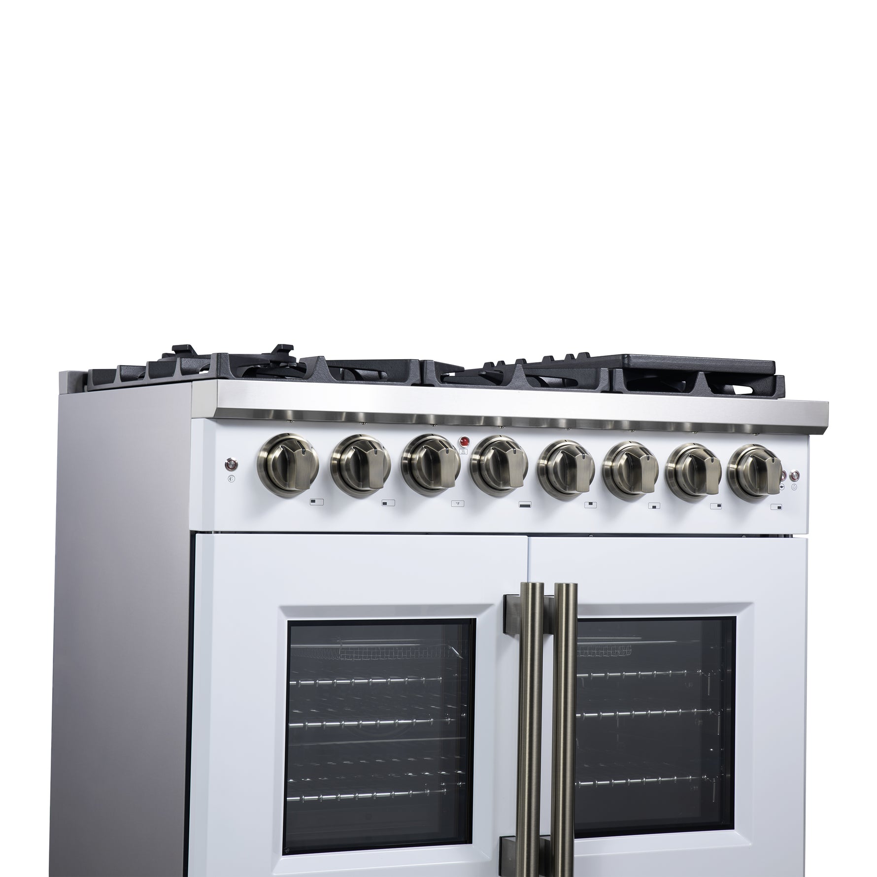 Forno Capriasca 36 Inch Freestanding French Door Dual Fuel Range in White with Antique Brass Accessories, 6 Burners, True Convection Oven - BonPrix Électroménagers