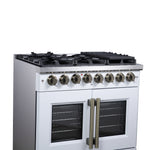 Forno Capriasca 36 Inch Freestanding French Door Dual Fuel Range in White with Antique Brass Accessories, 6 Burners, True Convection Oven - BonPrix Électroménagers
