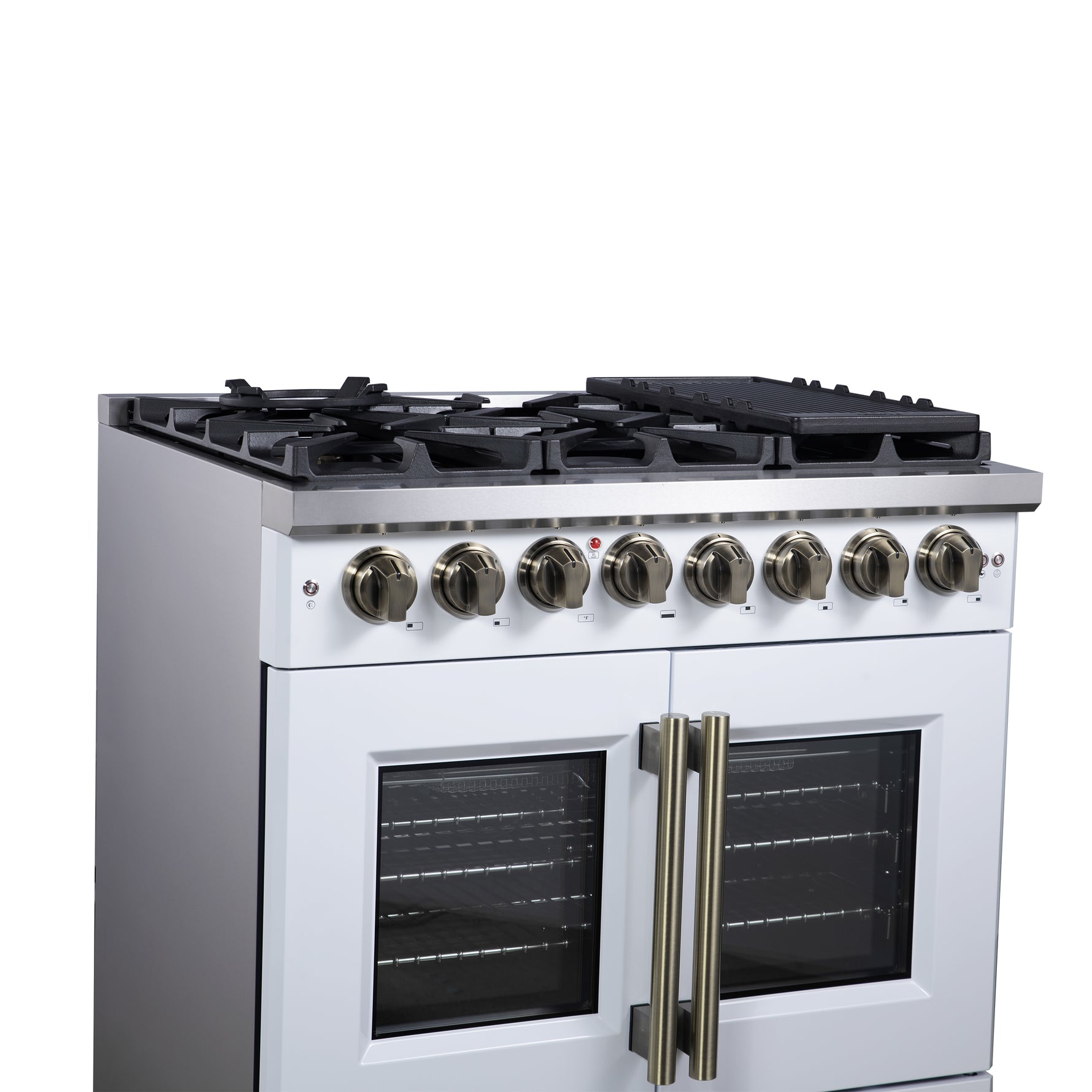 Forno Capriasca 36 Inch Freestanding French Door Dual Fuel Range in White with Antique Brass Accessories, 6 Burners, True Convection Oven - BonPrix Électroménagers