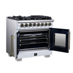 Forno Capriasca 36 Inch Freestanding French Door Dual Fuel Range in White with Antique Brass Accessories, 6 Burners, True Convection Oven - BonPrix Électroménagers