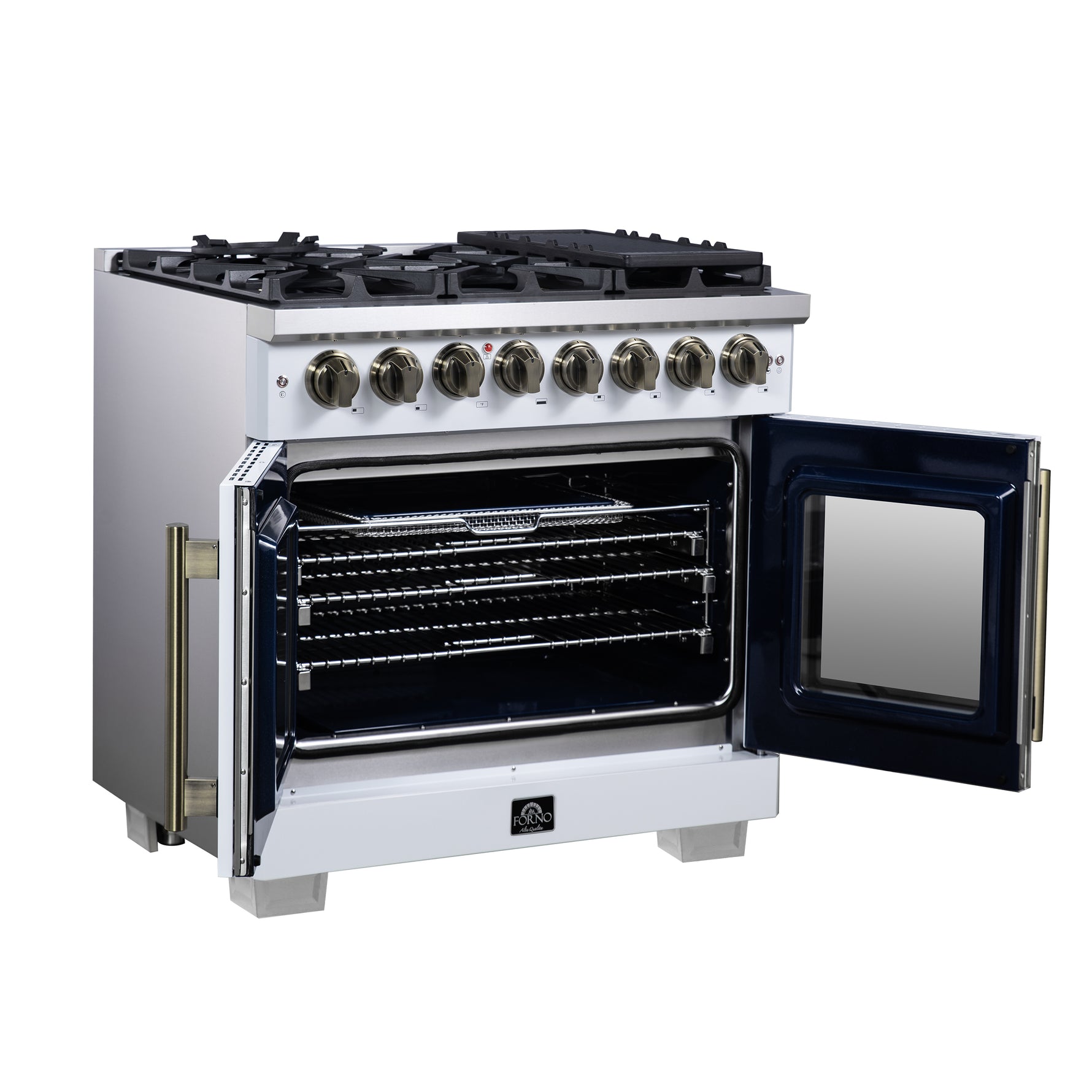 Forno Capriasca 36 Inch Freestanding French Door Dual Fuel Range in White with Antique Brass Accessories, 6 Burners, True Convection Oven - BonPrix Électroménagers
