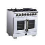 Forno Capriasca 36 Inch Freestanding French Door Dual Fuel Range in White with Antique Brass Accessories, 6 Burners, True Convection Oven - BonPrix Électroménagers