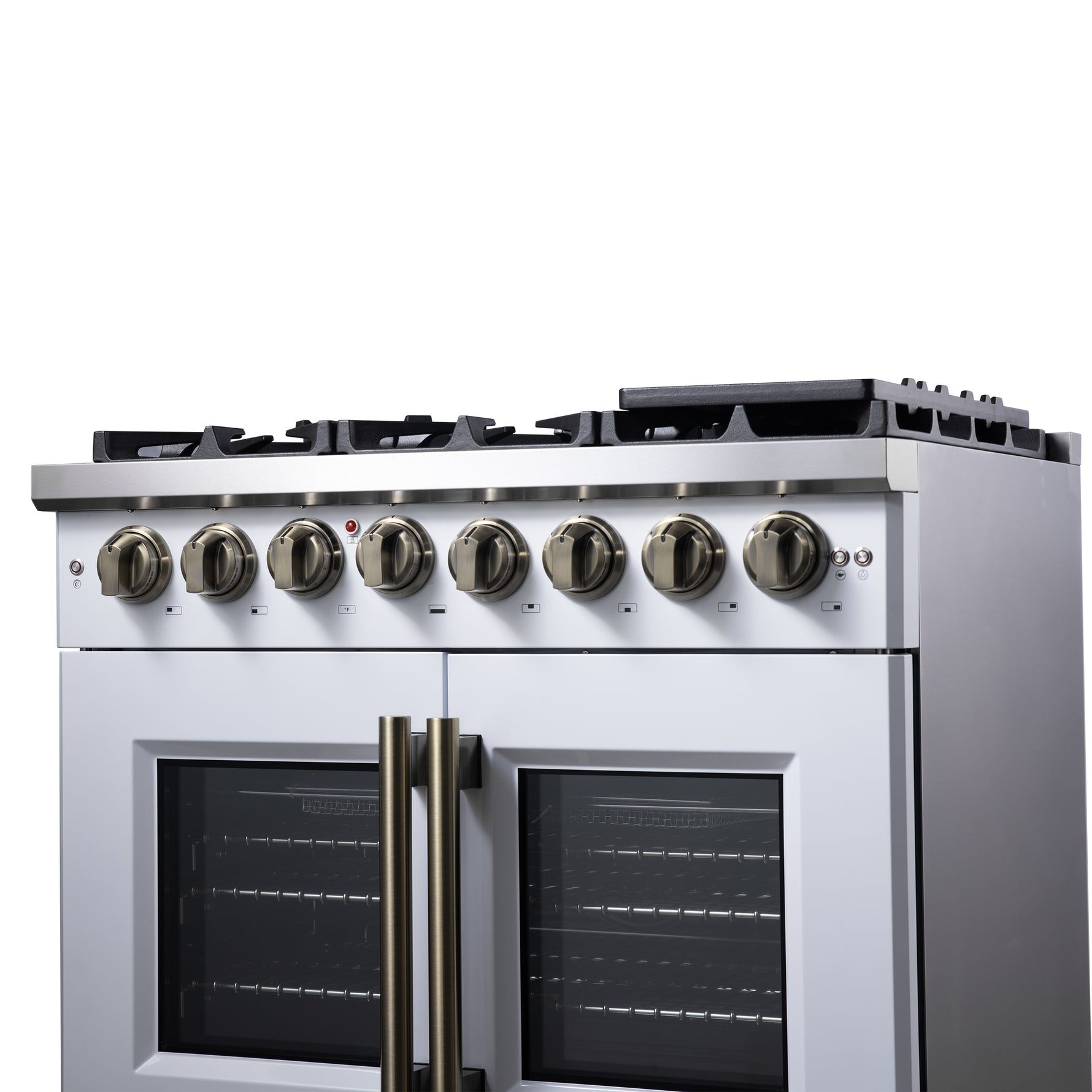 Forno Capriasca 36 Inch Freestanding French Door Dual Fuel Range in White with Antique Brass Accessories, 6 Burners, True Convection Oven - BonPrix Électroménagers