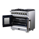 Forno Capriasca 36 Inch Freestanding French Door Dual Fuel Range in White with Antique Brass Accessories, 6 Burners, True Convection Oven - BonPrix Électroménagers