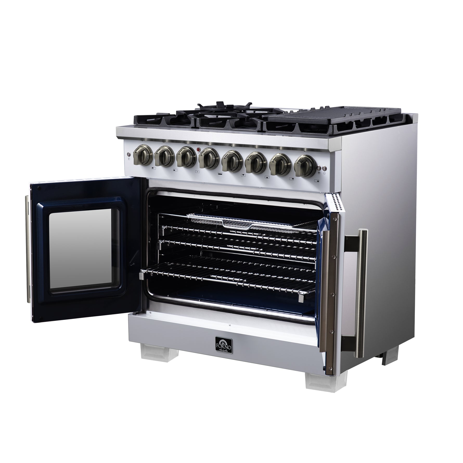 Forno Capriasca 36 Inch Freestanding French Door Dual Fuel Range in White with Antique Brass Accessories, 6 Burners, True Convection Oven - BonPrix Électroménagers