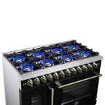 Forno Capriasca 48 Inch Freestanding French Door Dual Fuel Range in Black with Antique Brass Accessories, 8 Burners, True Convection Oven - BonPrix Électroménagers