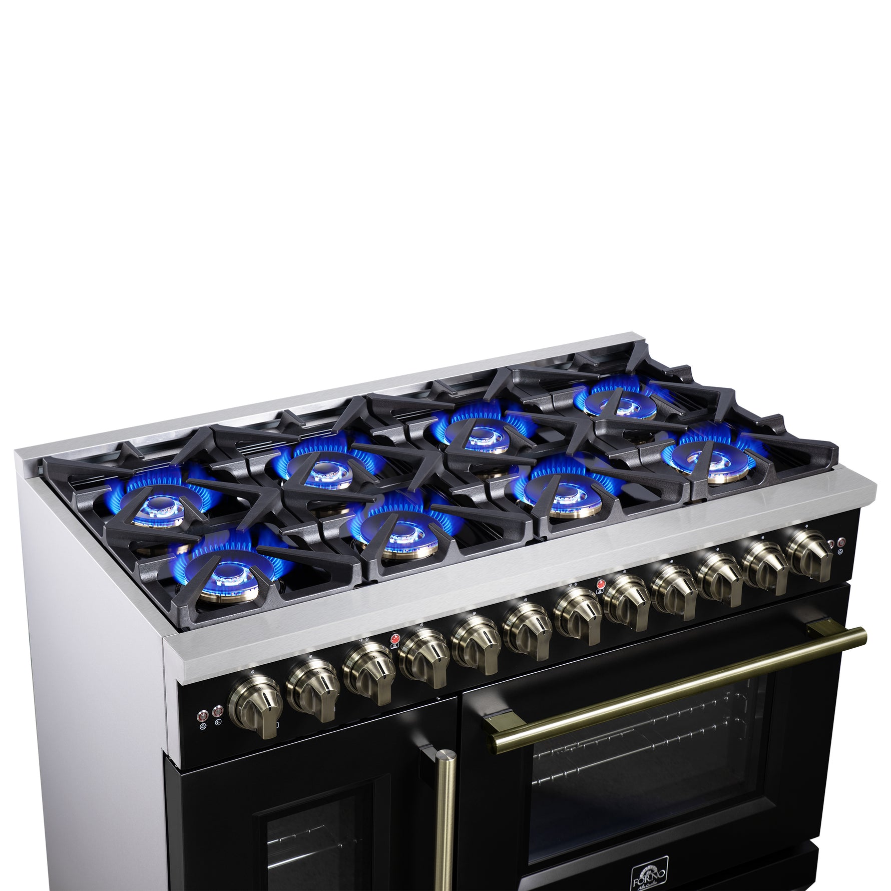 Forno Capriasca 48 Inch Freestanding French Door Dual Fuel Range in Black with Antique Brass Accessories, 8 Burners, True Convection Oven - BonPrix Électroménagers