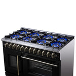 Forno Capriasca 48 Inch Freestanding French Door Dual Fuel Range in Black with Antique Brass Accessories, 8 Burners, True Convection Oven - BonPrix Électroménagers