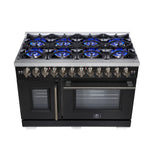 Forno Capriasca 48 Inch Freestanding French Door Dual Fuel Range in Black with Antique Brass Accessories, 8 Burners, True Convection Oven - BonPrix Électroménagers