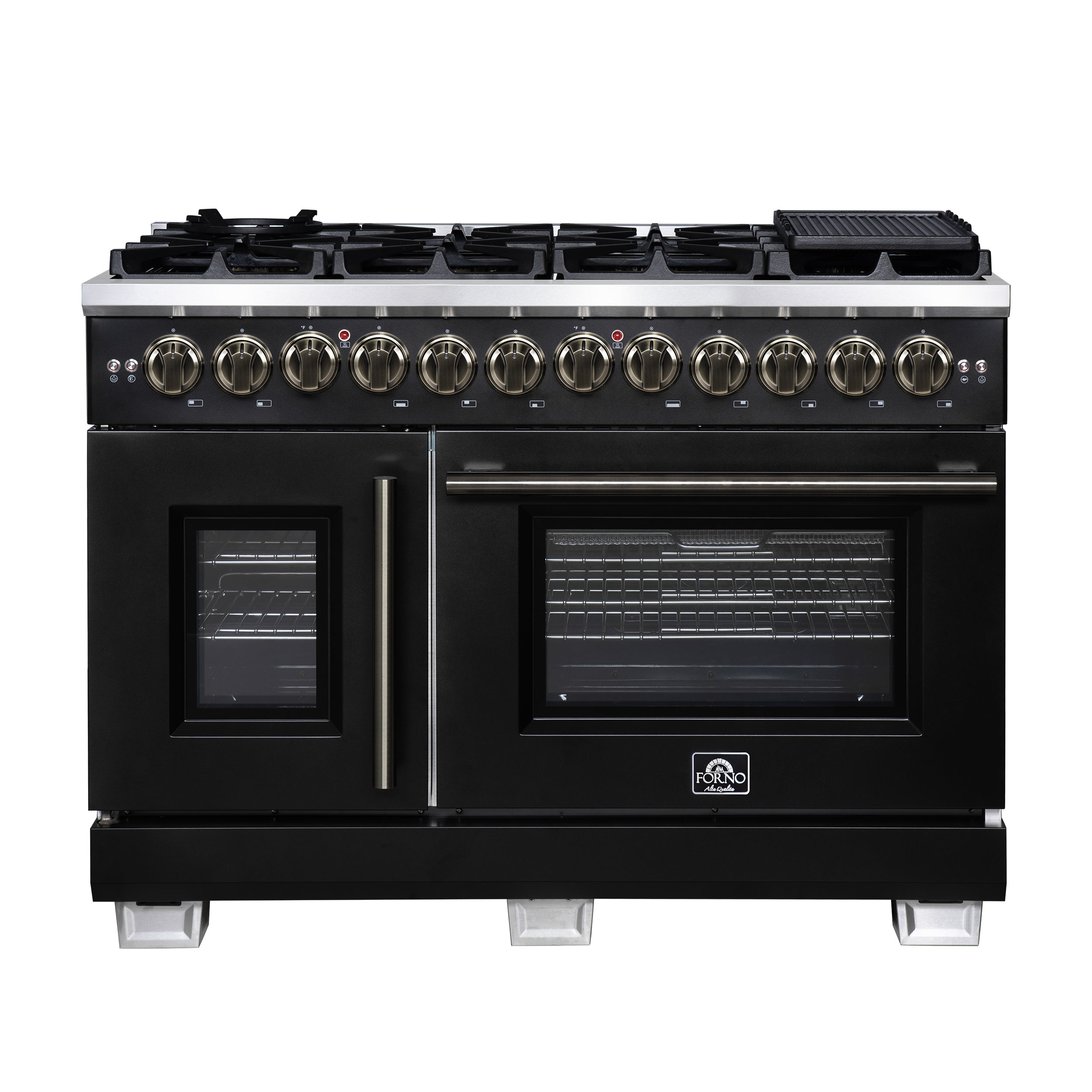 Forno Capriasca 48 Inch Freestanding French Door Dual Fuel Range in Black with Antique Brass Accessories, 8 Burners, True Convection Oven - BonPrix Électroménagers