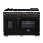Forno Capriasca 48 Inch Freestanding French Door Dual Fuel Range in Black with Antique Brass Accessories, 8 Burners, True Convection Oven - BonPrix Électroménagers