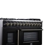 Forno Capriasca 48 Inch Freestanding French Door Dual Fuel Range in Black with Antique Brass Accessories, 8 Burners, True Convection Oven - BonPrix Électroménagers