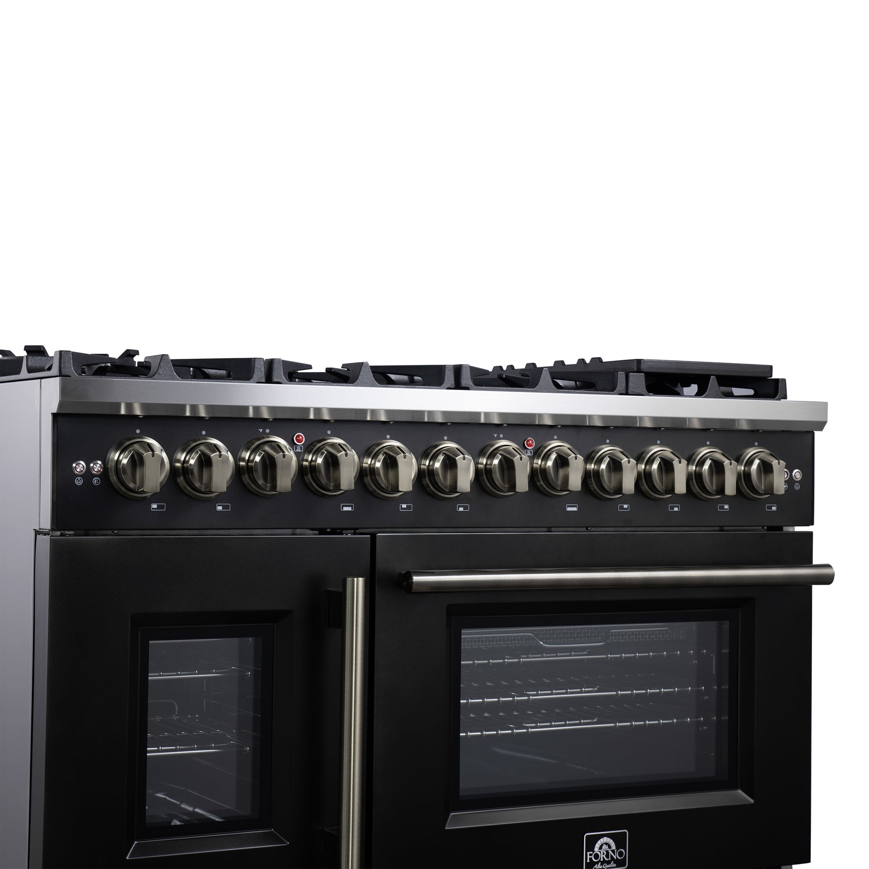 Forno Capriasca 48 Inch Freestanding French Door Dual Fuel Range in Black with Antique Brass Accessories, 8 Burners, True Convection Oven - BonPrix Électroménagers