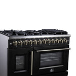 Forno Capriasca 48 Inch Freestanding French Door Dual Fuel Range in Black with Antique Brass Accessories, 8 Burners, True Convection Oven - BonPrix Électroménagers