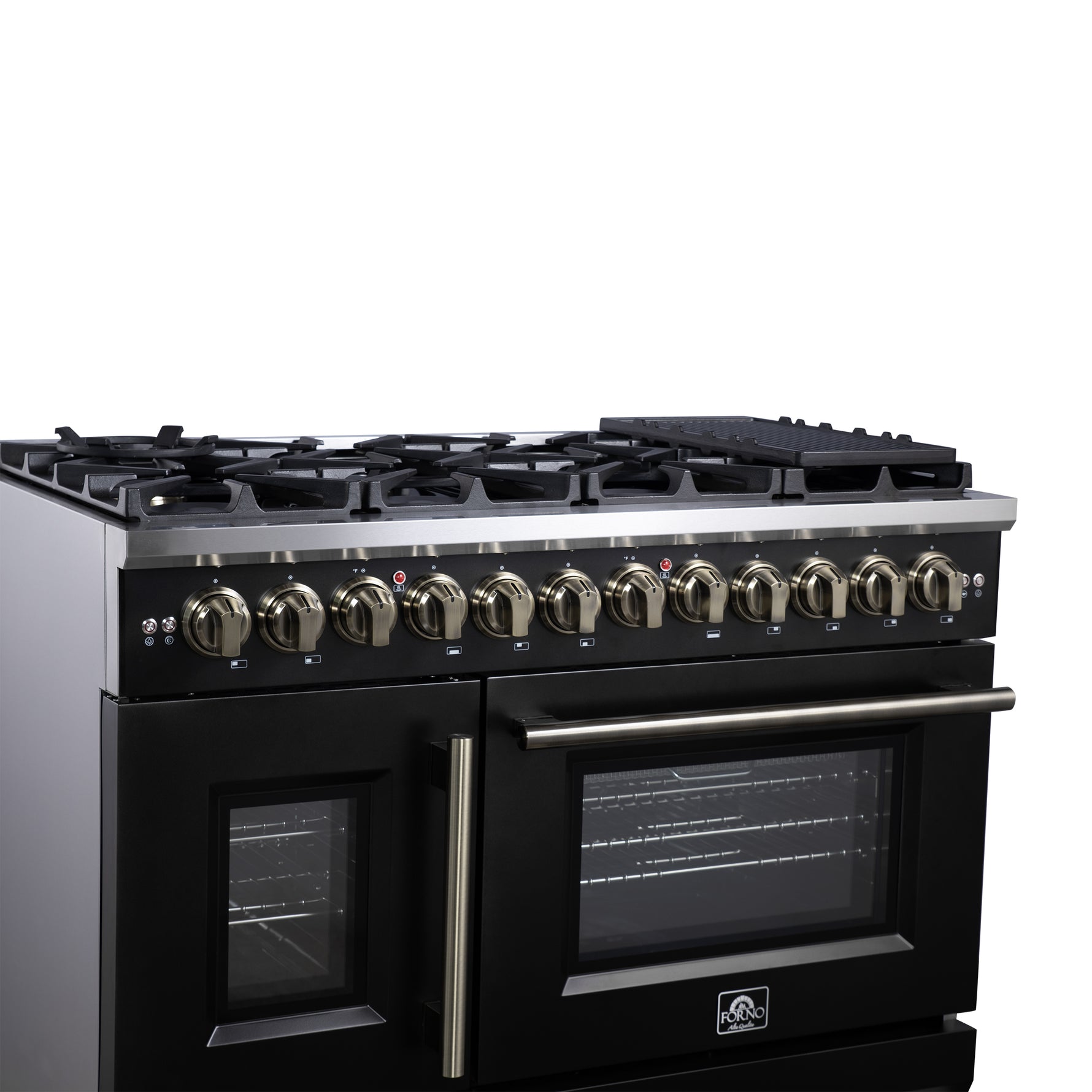 Forno Capriasca 48 Inch Freestanding French Door Dual Fuel Range in Black with Antique Brass Accessories, 8 Burners, True Convection Oven - BonPrix Électroménagers