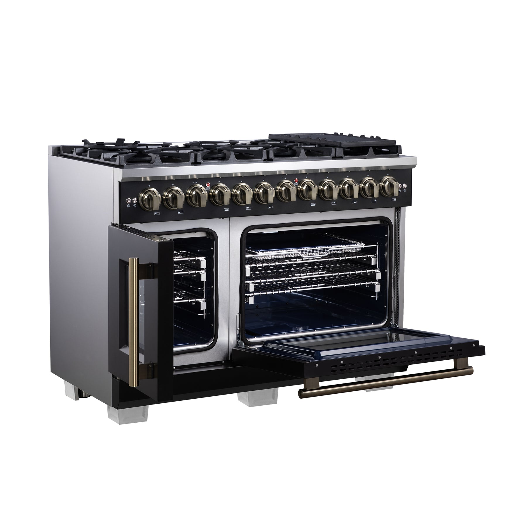 Forno Capriasca 48 Inch Freestanding French Door Dual Fuel Range in Black with Antique Brass Accessories, 8 Burners, True Convection Oven - BonPrix Électroménagers