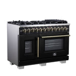 Forno Capriasca 48 Inch Freestanding French Door Dual Fuel Range in Black with Antique Brass Accessories, 8 Burners, True Convection Oven - BonPrix Électroménagers