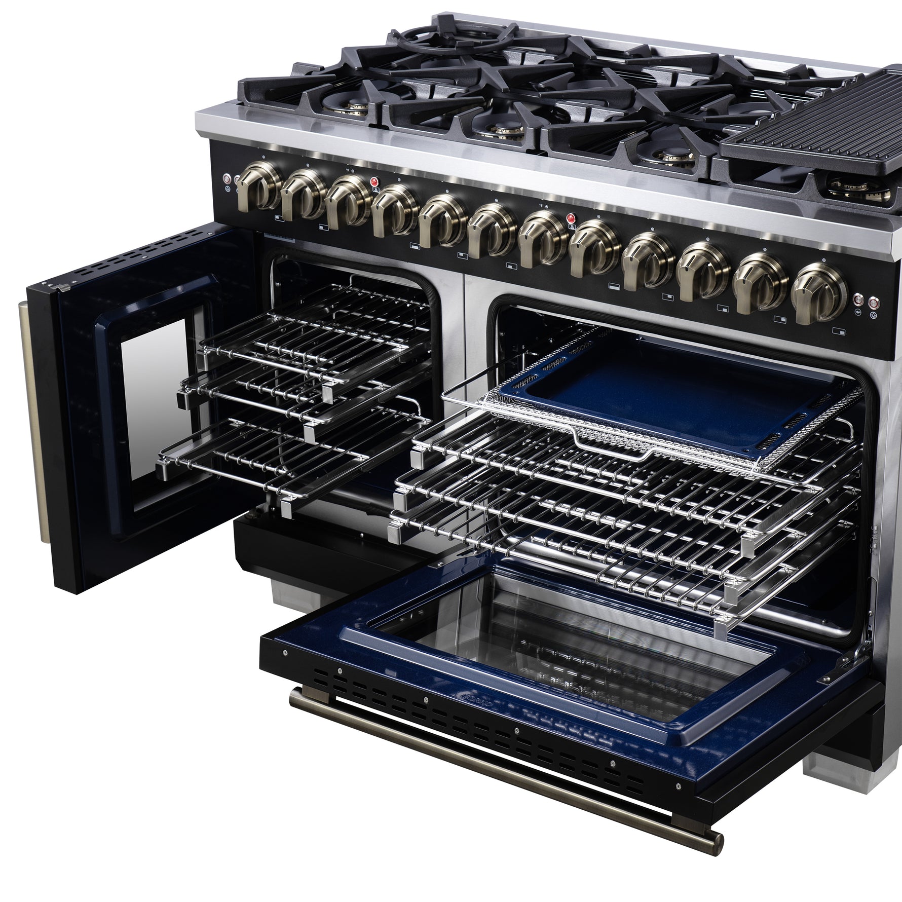Forno Capriasca 48 Inch Freestanding French Door Dual Fuel Range in Black with Antique Brass Accessories, 8 Burners, True Convection Oven - BonPrix Électroménagers