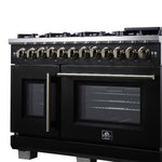 Forno Capriasca 48 Inch Freestanding French Door Dual Fuel Range in Black with Antique Brass Accessories, 8 Burners, True Convection Oven - BonPrix Électroménagers
